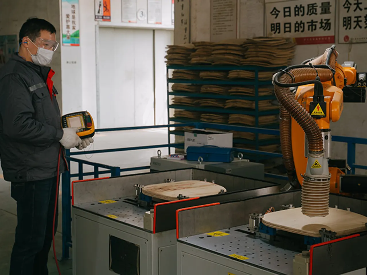 Robotic arm machining seat plywood at Baizhijia, operator in safety gear